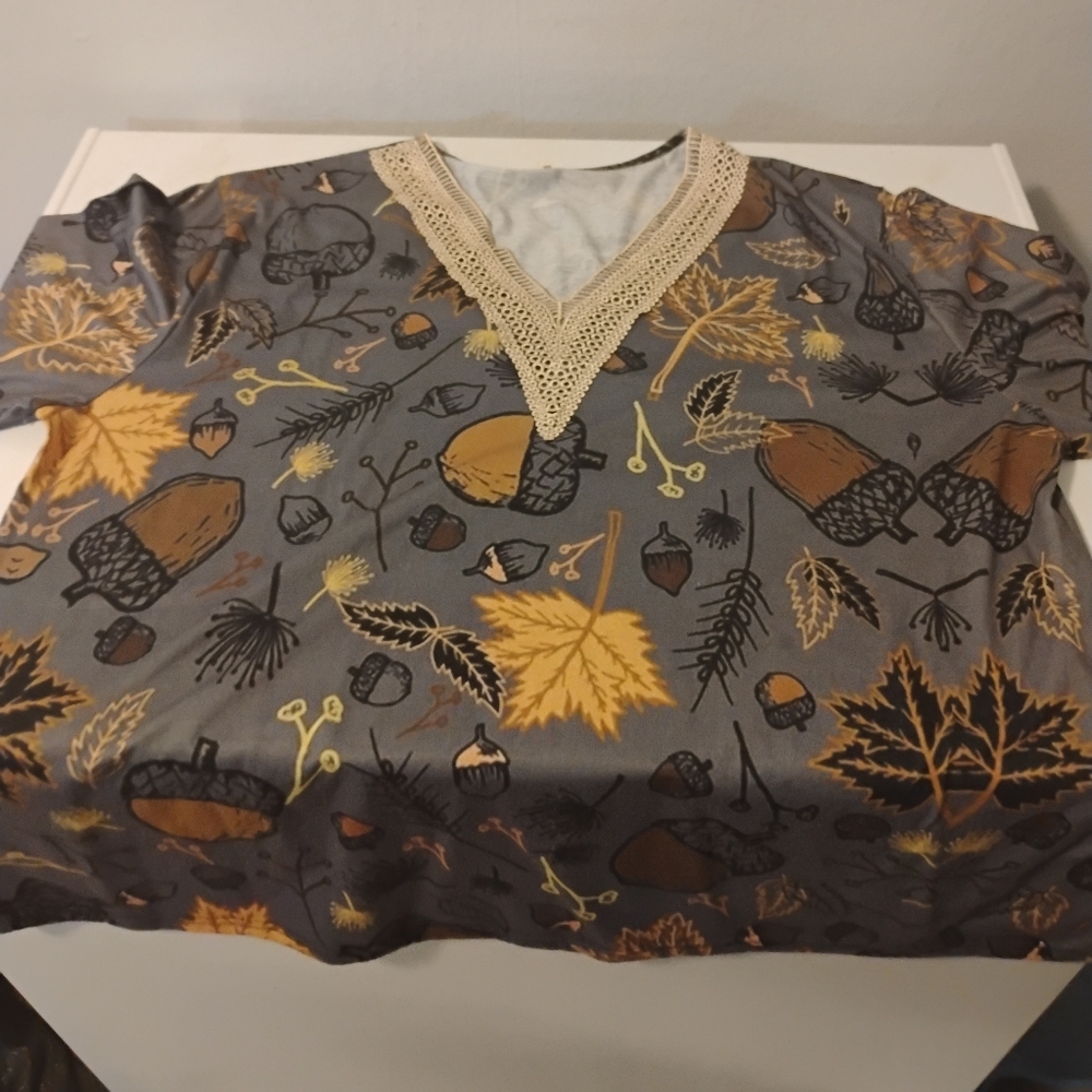 Gray and Yellow Leaf Print Top with Lace Trim
